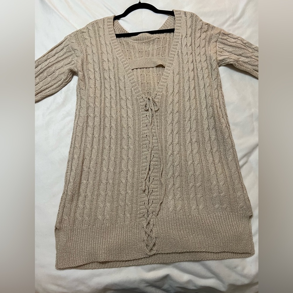 Large Tan lace up/open back sweater